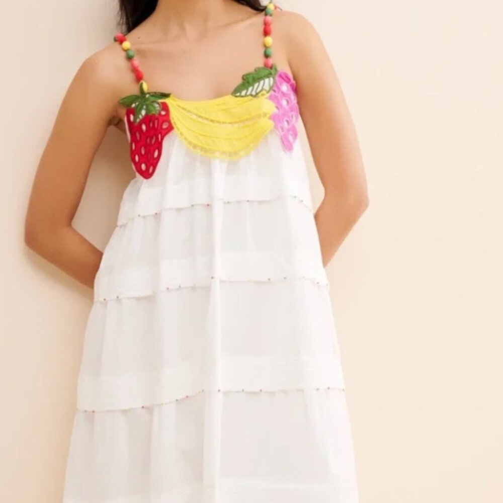 FARM Rio White Maxi Dress with Red Strawberry Yellow Banana Pink Grape Accents